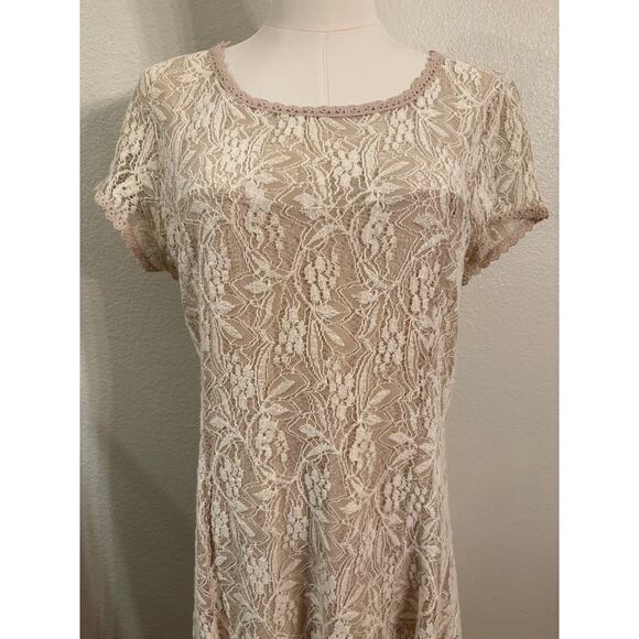 SUNDANCE Dress | Ivory Lace Sweetheart Midi Lined Short Sleeve Romantic | LARGE - Picture 3 of 9
